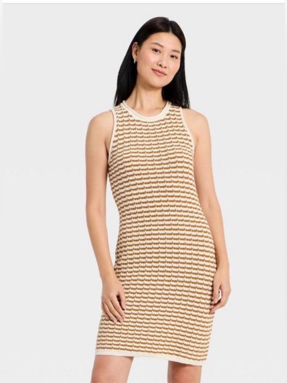 A New Day Women’s Crochet Mini Sweater Dress - Tan/White Stripe (Size S) NWT